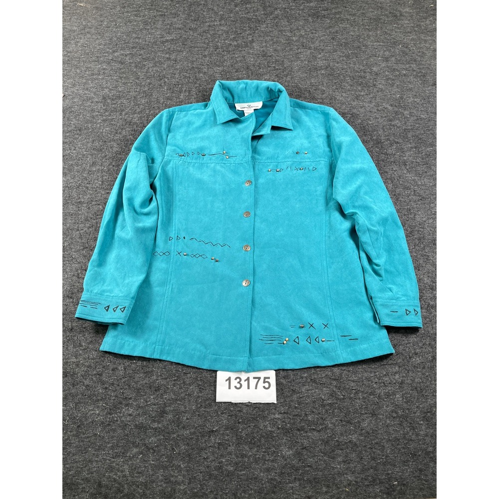 Erin London Shirt Women SP Blue Suede Western Southwest Embroidered Button Up